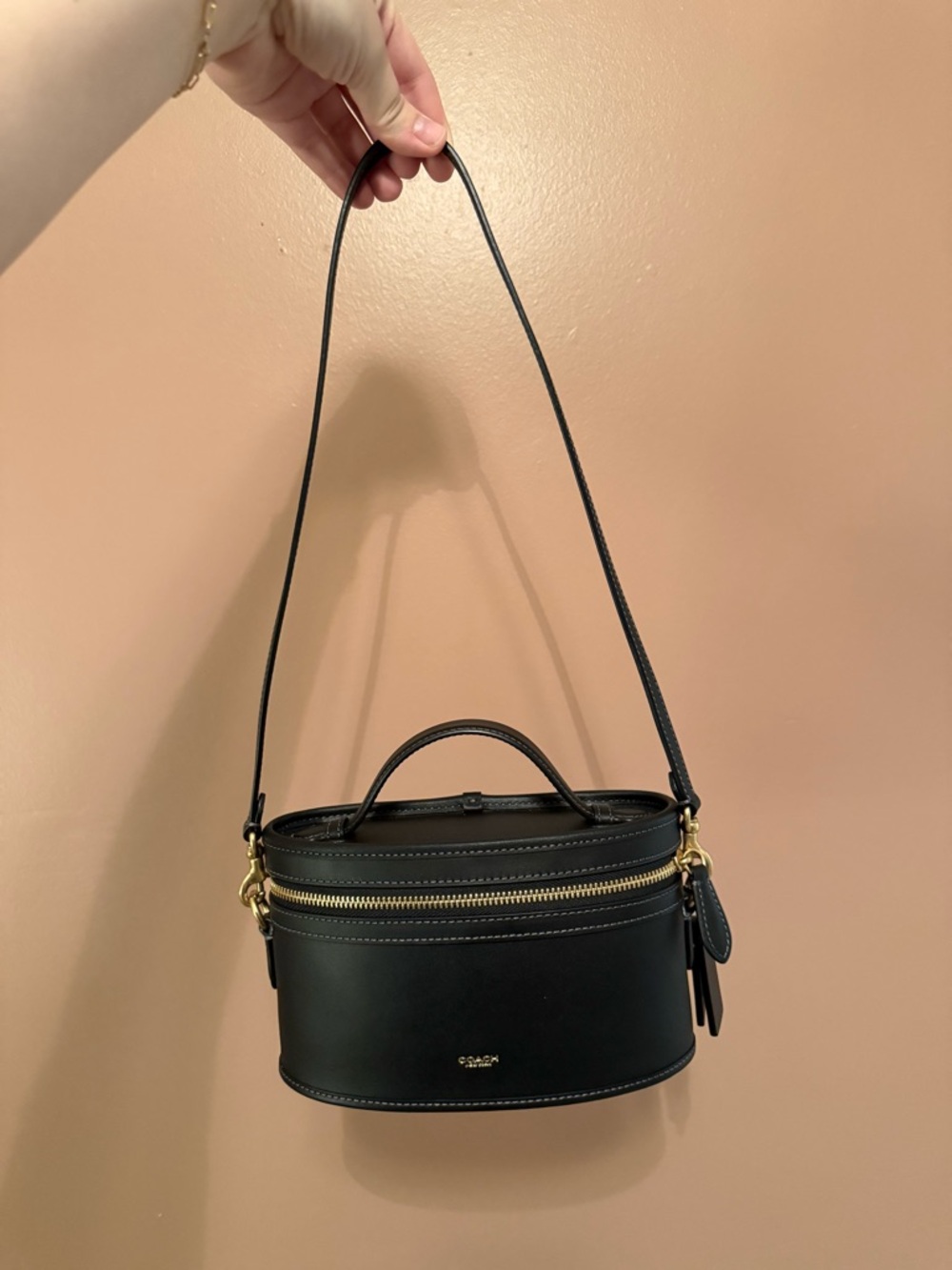 Coach Black Leather Oval Vanity Crossbody with Gold Hardware